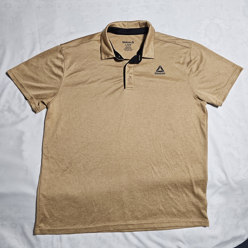 Reebok Mens Large Tan Heathered Performance Polo Shirt Short Sleeve Delta Logo